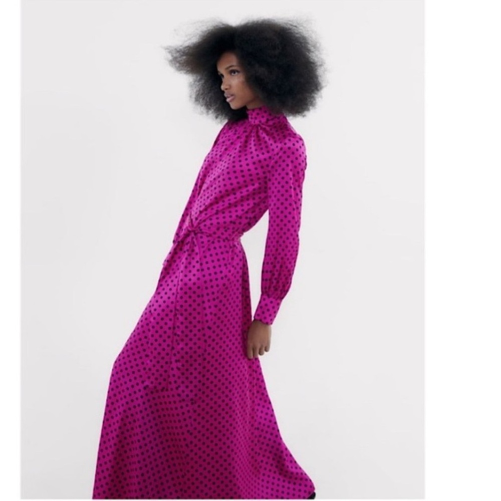 Zara Fuchsia and Black Polka Dot High Neck Satin Fuchsia Maxi Dress